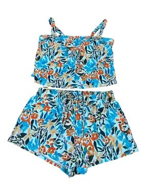 Floral 2-Piece Swimsuit Tankini Top & Layered Swim Shorts Set Blue Orange Size M